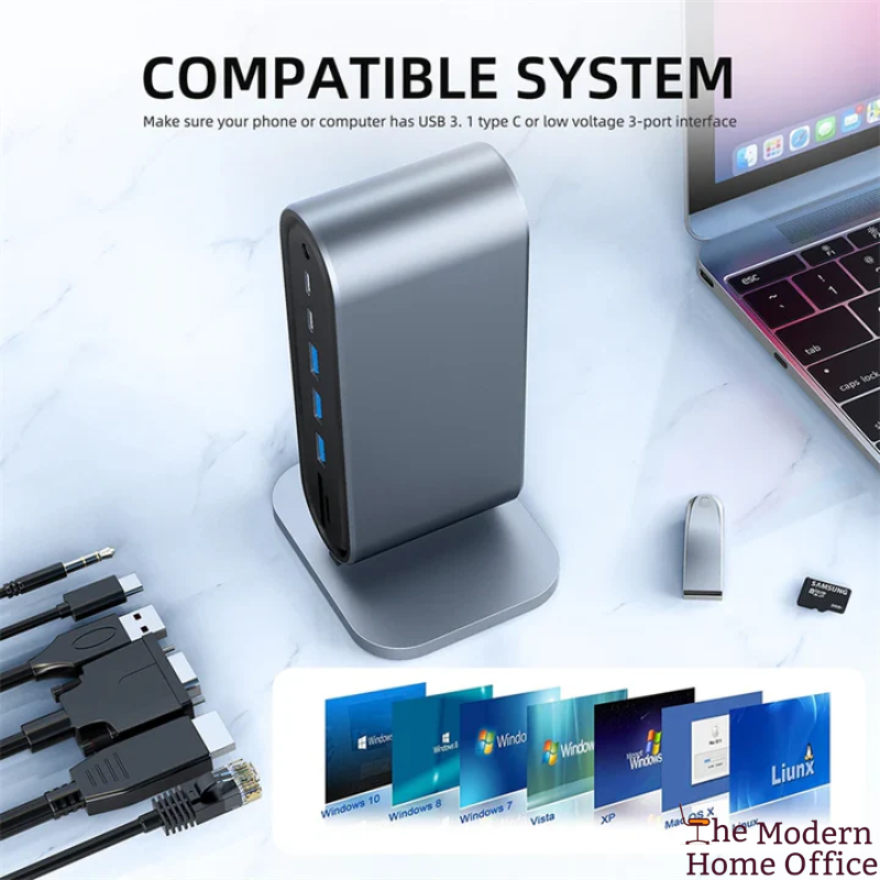 Hub 3.0 Docking Station Multiport Adapter. Versatile & compact docking station designed to provide a multitude of ports & enhance productivity by connecting all essential devices. Ideal for both professional & personal use, it simplifies setup by combining multiple functionalities into a single, sleek unit.-The Modern Home Office
