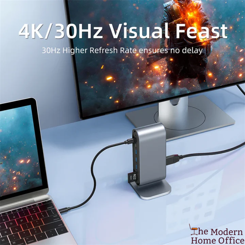 Hub 3.0 Docking Station Multiport Adapter. Versatile & compact docking station designed to provide a multitude of ports & enhance productivity by connecting all essential devices. Ideal for both professional & personal use, it simplifies setup by combining multiple functionalities into a single, sleek unit.-The Modern Home Office