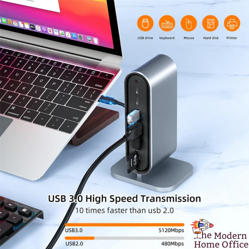 Hub 3.0 Docking Station Multiport Adapter. Versatile & compact docking station designed to provide a multitude of ports & enhance productivity by connecting all essential devices. Ideal for both professional & personal use, it simplifies setup by combining multiple functionalities into a single, sleek unit.-The Modern Home Office