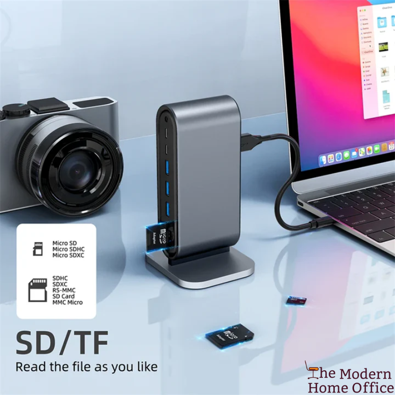 Hub 3.0 Docking Station Multiport Adapter. Versatile & compact docking station designed to provide a multitude of ports & enhance productivity by connecting all essential devices. Ideal for both professional & personal use, it simplifies setup by combining multiple functionalities into a single, sleek unit.-The Modern Home Office