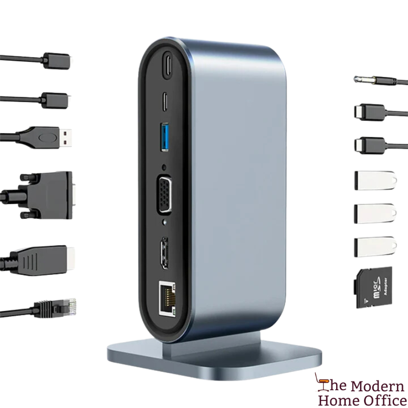 Hub 3.0 Docking Station Multiport Adapter. Versatile & compact docking station designed to provide a multitude of ports & enhance productivity by connecting all essential devices. Ideal for both professional & personal use, it simplifies setup by combining multiple functionalities into a single, sleek unit.-The Modern Home Office