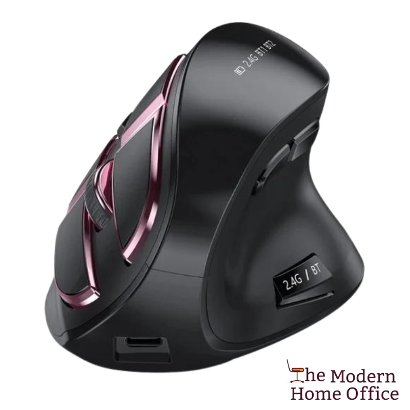 Dual Mode Silent Vertical Mouse. Ergonomic design and functionality. Engineered for ultimate comfort and productivity. Combines the ergonomic benefits of a vertical design with the convenience of dual-mode wireless connectivity. Silent operation mode, ensuring uninterrupted focus and minimal distractions. Say goodbye to wrist strain and hello to enhanced comfort and efficiency with our Dual Mode Silent Vertical Mouse. Dual Mode Wireless Connectivity: Seamlessly switch between 2.4GHz wireless and Bluetooth m