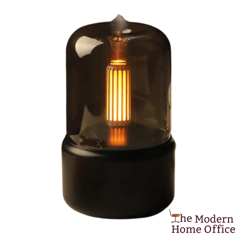 Flame Aroma Diffuser Ultrasonic Humidifier. Combines benefits of aromatherapy & soothing effects of humidification, adds ambiance, comfort, & relaxation. Elegant flame design & whisper-quiet operation, enhances the atmosphere, promotes well-being, improves air quality & infuses air with favorite essential oils. Aromatherapy Function, Ultrasonic Humidification, Flame Design, Adjustable Mist Output, Whisper-Quiet Operation, Auto Shut-Off, Mood Lighting, Easy to Use & Clean.-The Modern Home Office