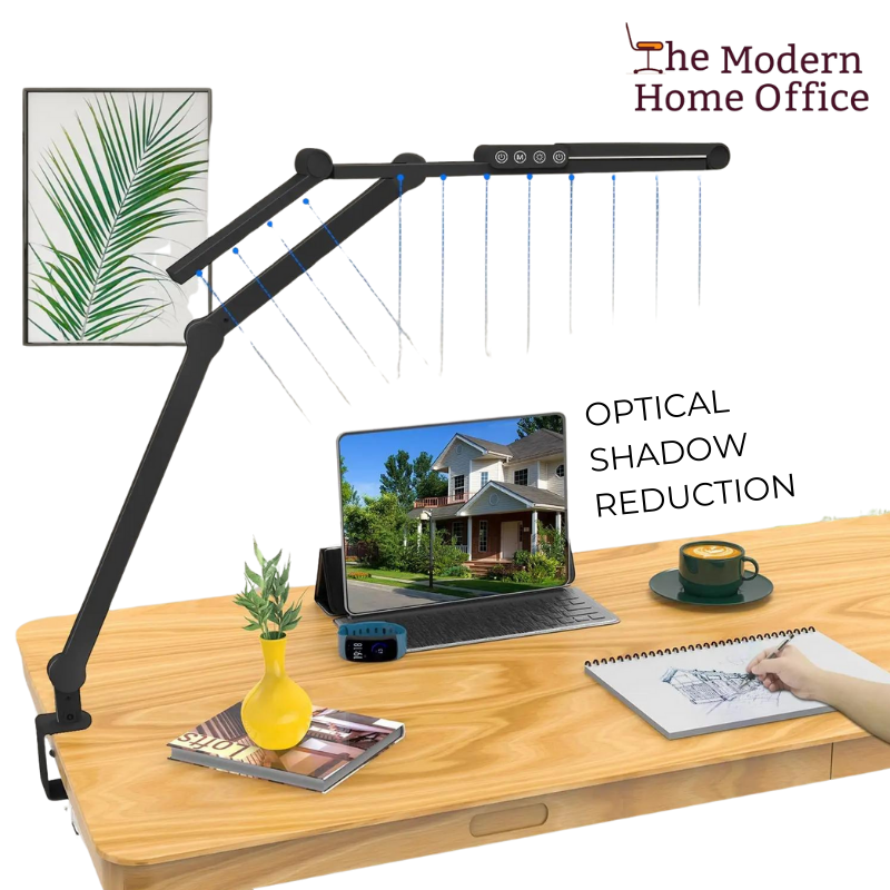 Home Office LED Desk Lamp. Designed to provide optimal lighting for work or study, offers adjustable brightness levels & color temperatures. With its sleek and modern design, it not only illuminates your workspace but also adds a touch of style to your home office. Key Features: Adjustable Brightness. Adjustable Color Temperature. Eye-Care Technology. Flexible Gooseneck Design. Touch Control Panel. USB Charging Port. Energy-Efficient LED Technology. Sleek and Modern Design.-The Modern Home Office
