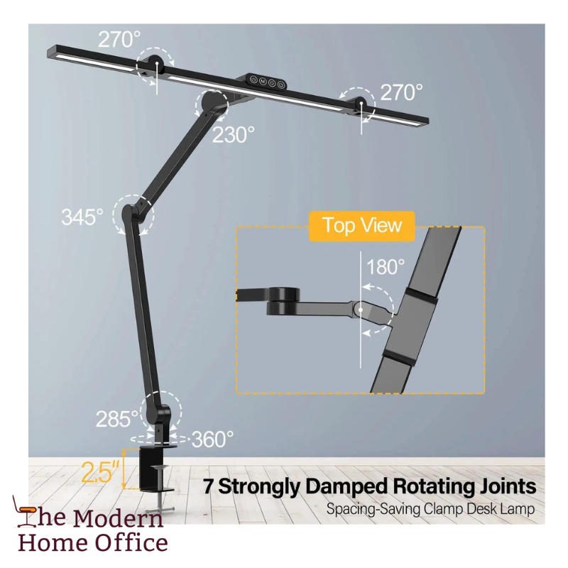 Home Office LED Desk Lamp. Designed to provide optimal lighting for work or study, offers adjustable brightness levels & color temperatures. With its sleek and modern design, it not only illuminates your workspace but also adds a touch of style to your home office. Key Features: Adjustable Brightness. Adjustable Color Temperature. Eye-Care Technology. Flexible Gooseneck Design. Touch Control Panel. USB Charging Port. Energy-Efficient LED Technology. Sleek and Modern Design.-The Modern Home Office
