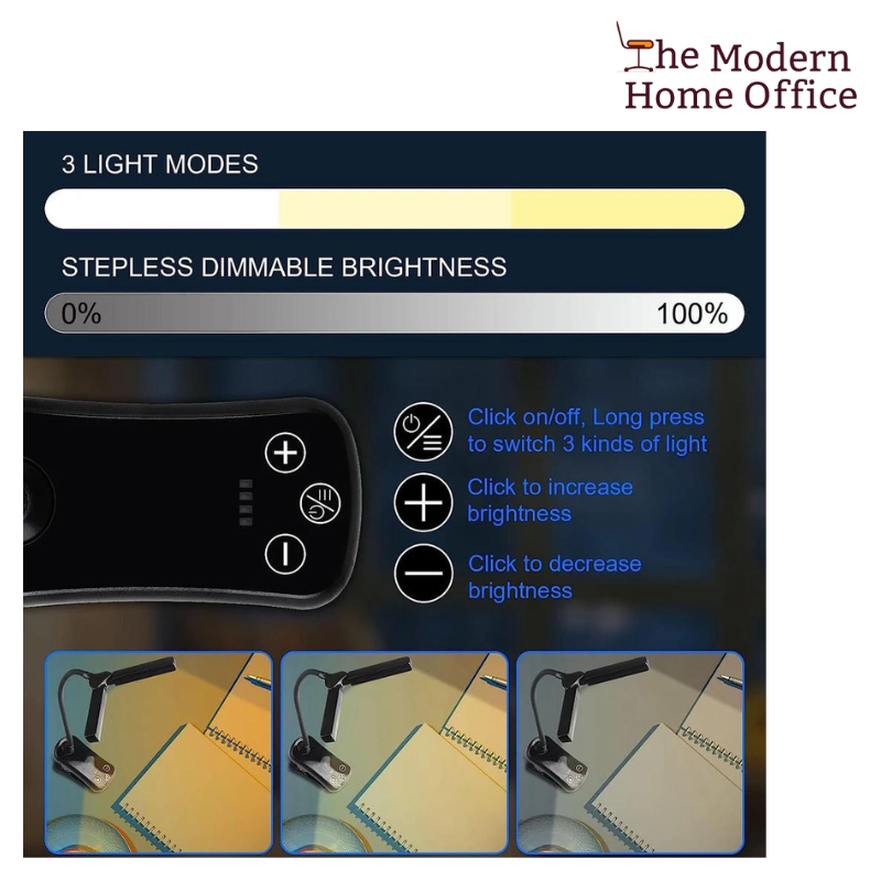 The Clip-On Book Light is your portable solution for reading in any environment, providing a reliable source of illumination without disturbing others around you. With its compact design and flexible neck, this book light attaches easily to your book, e-reader, or tablet, allowing you to enjoy your favorite novels, magazines, or documents in low-light conditions. -The Modern Home Office