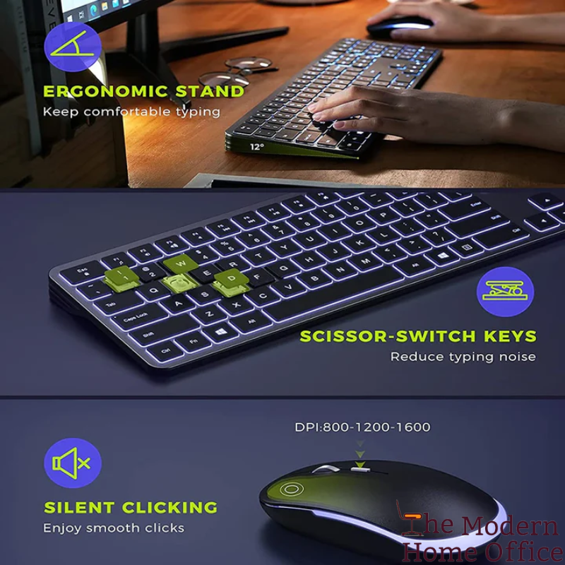 Backlit Wireless Keyboard and Mouse Set, designed to provide an optimal blend of comfort, functionality, and aesthetics. Whether you're working late into the night or navigating through your daily tasks, this set ensures a seamless, efficient, and enjoyable experience. -The Modern Home Office