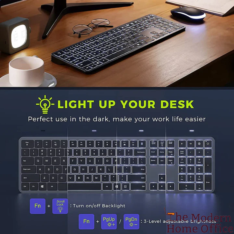 Backlit Wireless Keyboard and Mouse Set, designed to provide an optimal blend of comfort, functionality, and aesthetics. Whether you're working late into the night or navigating through your daily tasks, this set ensures a seamless, efficient, and enjoyable experience. -The Modern Home Office