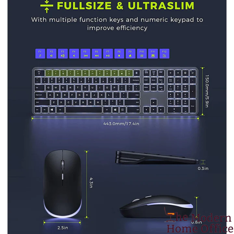 Backlit Wireless Keyboard and Mouse Set, designed to provide an optimal blend of comfort, functionality, and aesthetics. Whether you're working late into the night or navigating through your daily tasks, this set ensures a seamless, efficient, and enjoyable experience. -The Modern Home Office